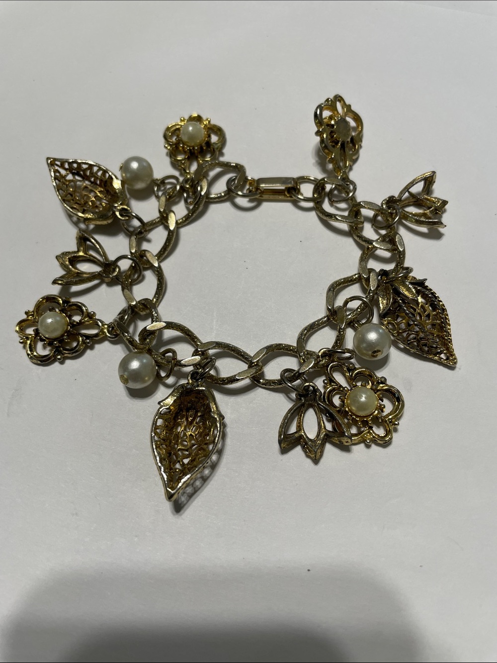Charm-Gold Tone Pearl Floral Leaf Bracelet
